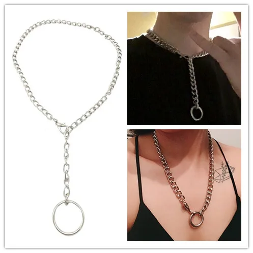 Unisex Thick Metal Chain Necklace With O Metal Pendant Multifunction European Punk Men Style Long/ Choker Necklace 23.6"/60cm