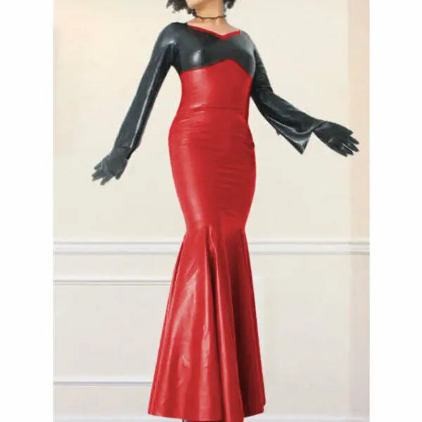 Латексные 100% резиновые kleid длинные русалки платье перчатки красный с черным
