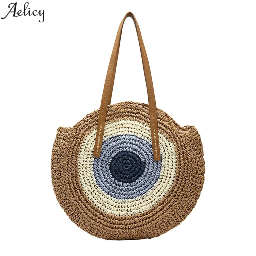 Aelicy,, женская Соломенная круглая пляжная сумка из ротанга, Ретро стиль, ручная сумка, женские винтажные сумки, Ретро сумка для покупок