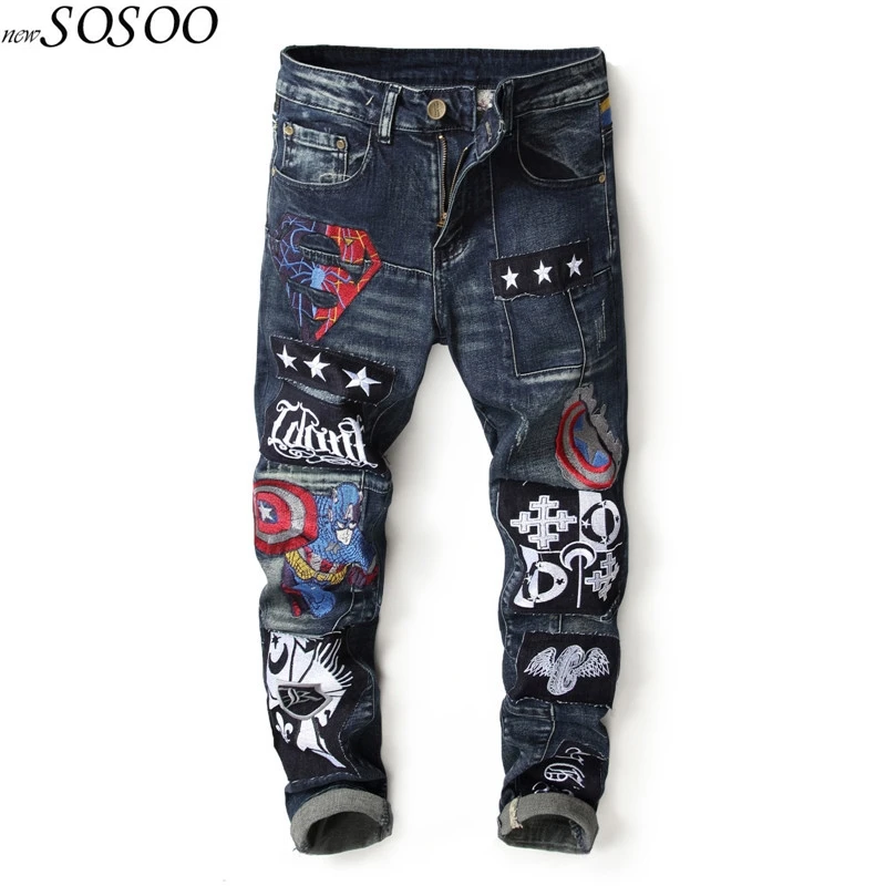 Men Jeans Spliced Letter Printing Patches Trousers Cool Mens Jeans High ...