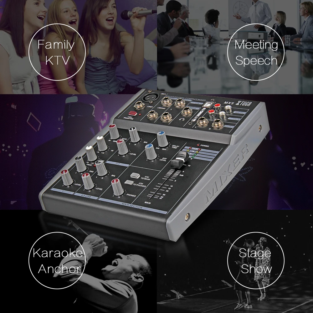 XTUGA MX5 5 Каналы 3-полосный аудио музыкальный микшер микшерный пульт с USB XLR линии Вход 48В Мощность для Запись для ди-Джея свет для сцены парти