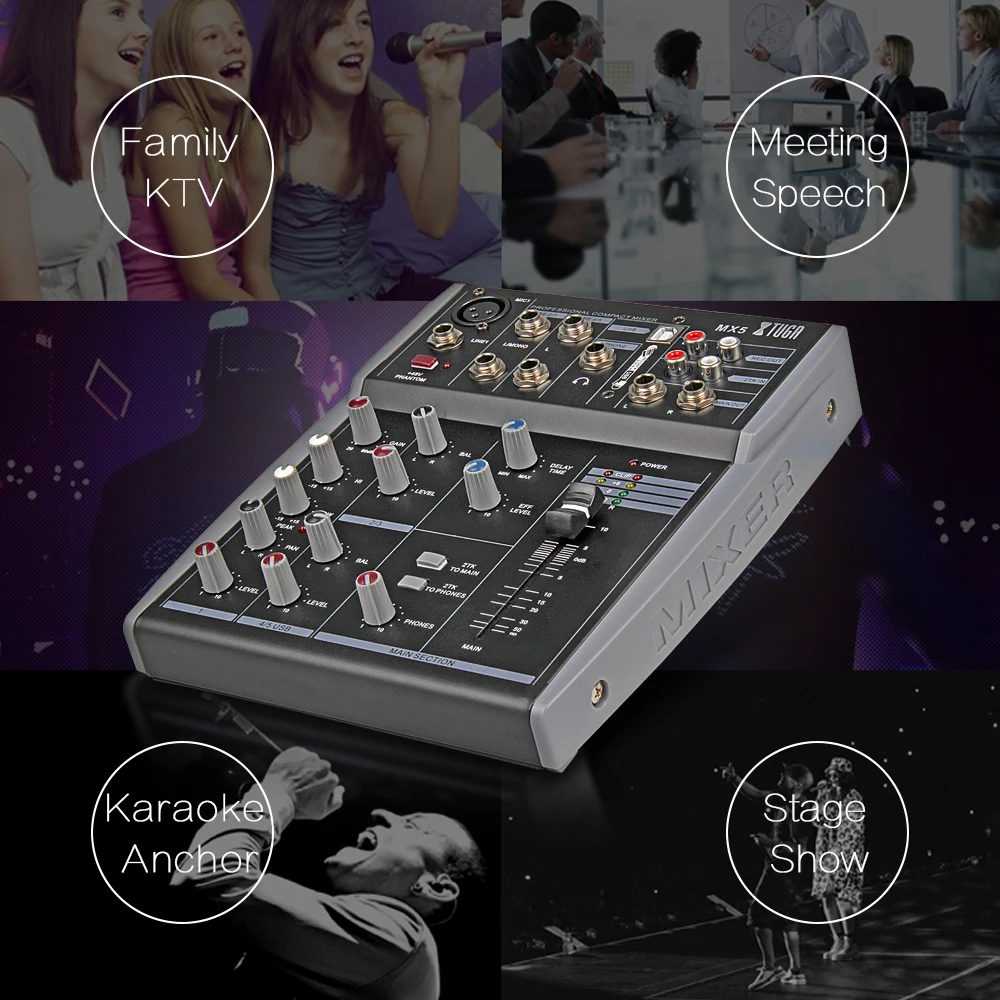 XTUGA MX5 5Channels 3-Band EQ Audio Music Mixer