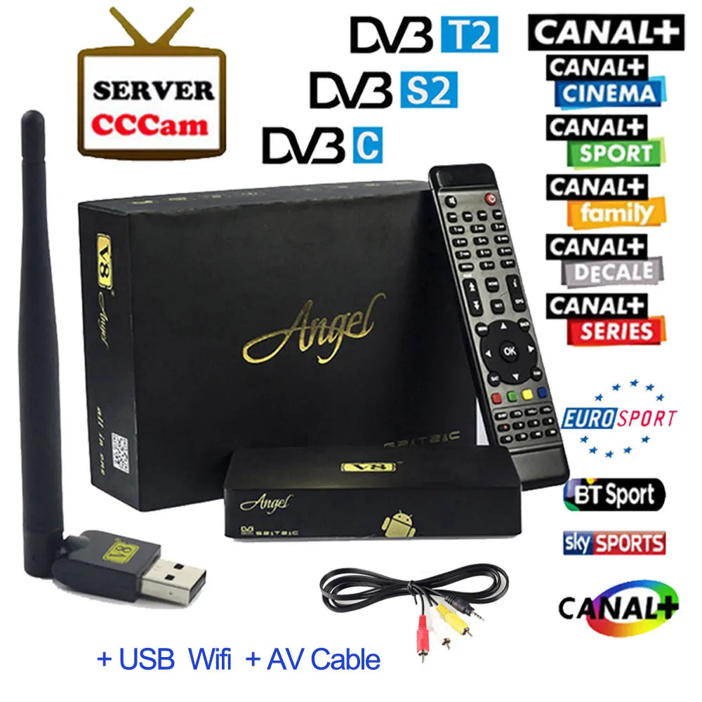 

Android TV Box Freesat V8 Angel Support IPTV DVB-S2 T2/C Digital Satellite TV Receiver+WiFi+With Cccam free cline for 1 year