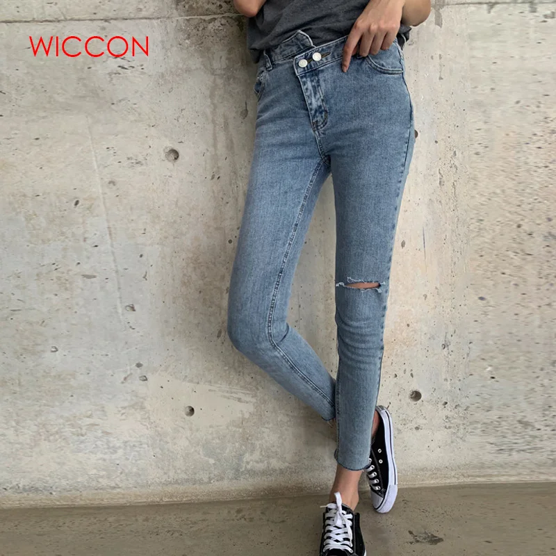 

High Waist Irregular Jeans Women 2019 New Slim Skinny Pencil Denim Pants Button Fly Hole Ankle Length Denim Trousers