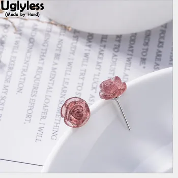 

Uglyless Handmade Rose Studs Women Natural Pink Strawberry Quartz Fine Jewelry Floral Stud Earrings Real Solid 925 Silver Bijoux
