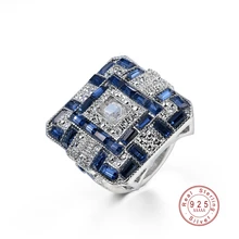 Винтажный стиль, большие синие белые AAA+ циркониевые камни, 925 серебряные Квадратные Кольца для женщин, модные Свадебные обручальные ювелирные изделия, горячая распродажа