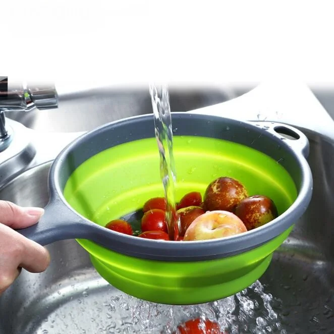 

Foldable Silicone Colander Round Fruit Vegetable Washing Basket Strainer Collapsible Drainer With Long Handle Kitchen Tool CF-62