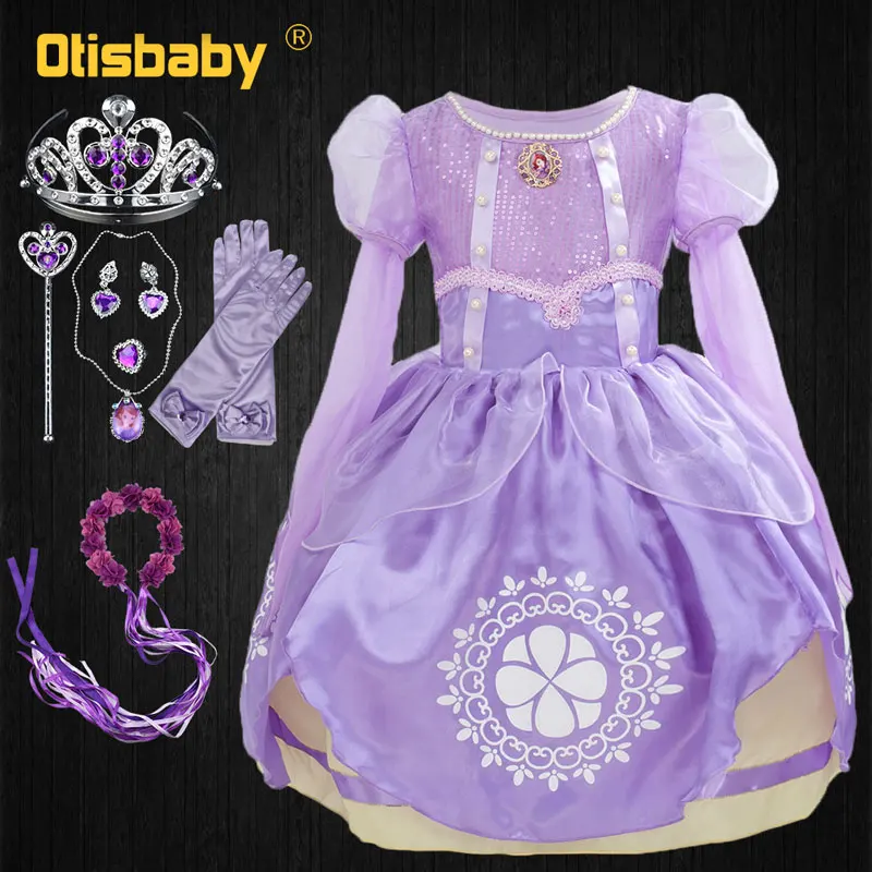 

Girls Rapunzel Dress Eveving Party Children Purple Princess Sofia Dress Spring Summer Girl Long-sleeve Tutu Dress Accessories