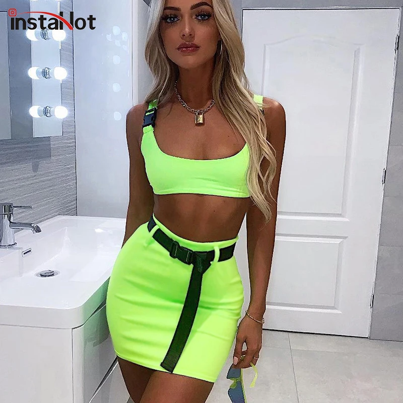 

InstaHot Fluorescence Sexy 2 Piece Set Women Sporting Casual Spaghetti Strap Top and Shorts Sets Solid Sportwear Tracksuit Trend