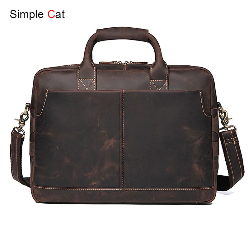 

Men Genuine Leather Briefcases Vintage 15.6inch Laptop Messenger Handbag Large Capacity Travel Duffles Handbag