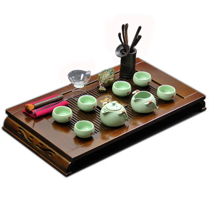 16Pcs Ru Kiln Teaset with Burma Solid Wooden Tea Tray Classic Chinese