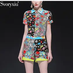 Svoryxiu 2019 взлетно-посадочной полосы летние шорты Комплект из двух предметов Для женщин в полоску Цветочный принт короткий рукав блузка +