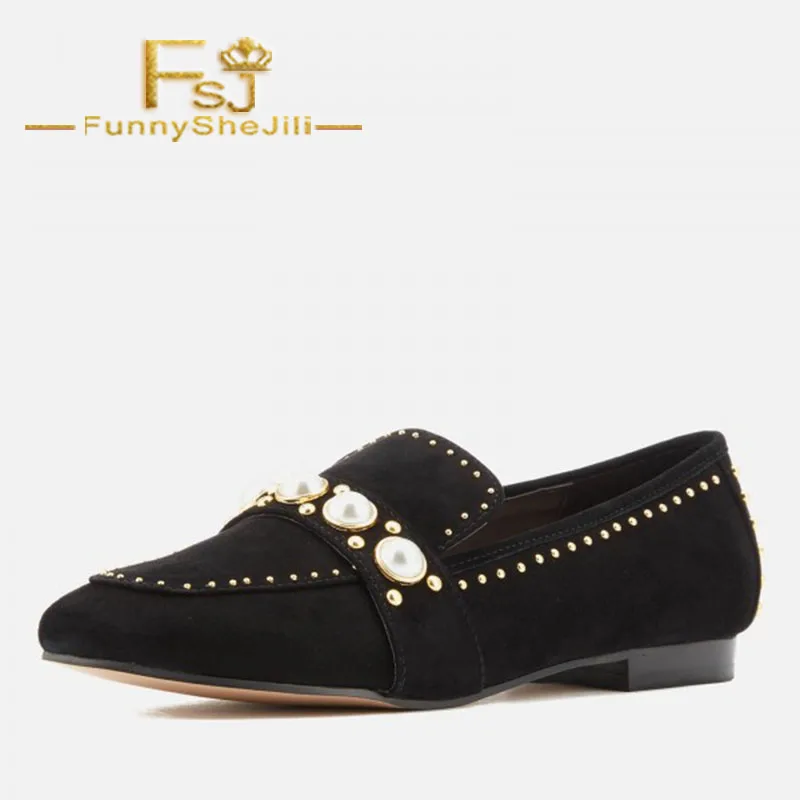 Black Suede Rhinestone Pearl Loafers for Women Attractive Slip On