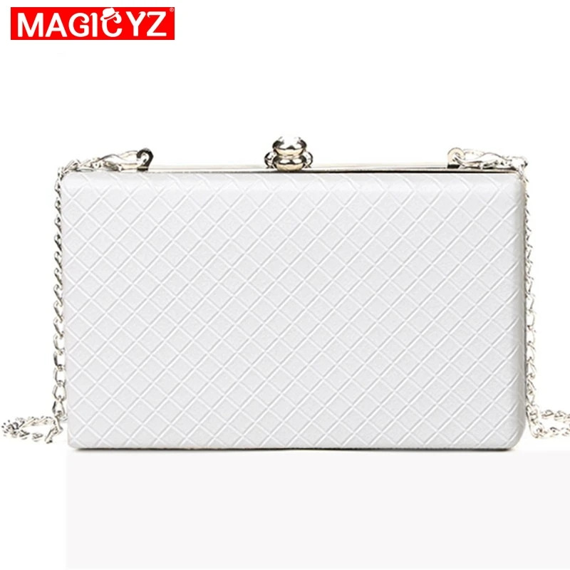 MAGICYZ 2018 الأبيض السيدات حقيبة بإطار أسود النساء جلد براثن محفظة الذهب الفضة الأسود الماس شعرية يد على سلسلة