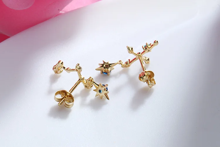 Trendy 9K Pure Real Yellow Gold Big Dipper Star Pierced Earrings for Women Girl Fancy Solid Stud Fine Engagement Jewelry Gift