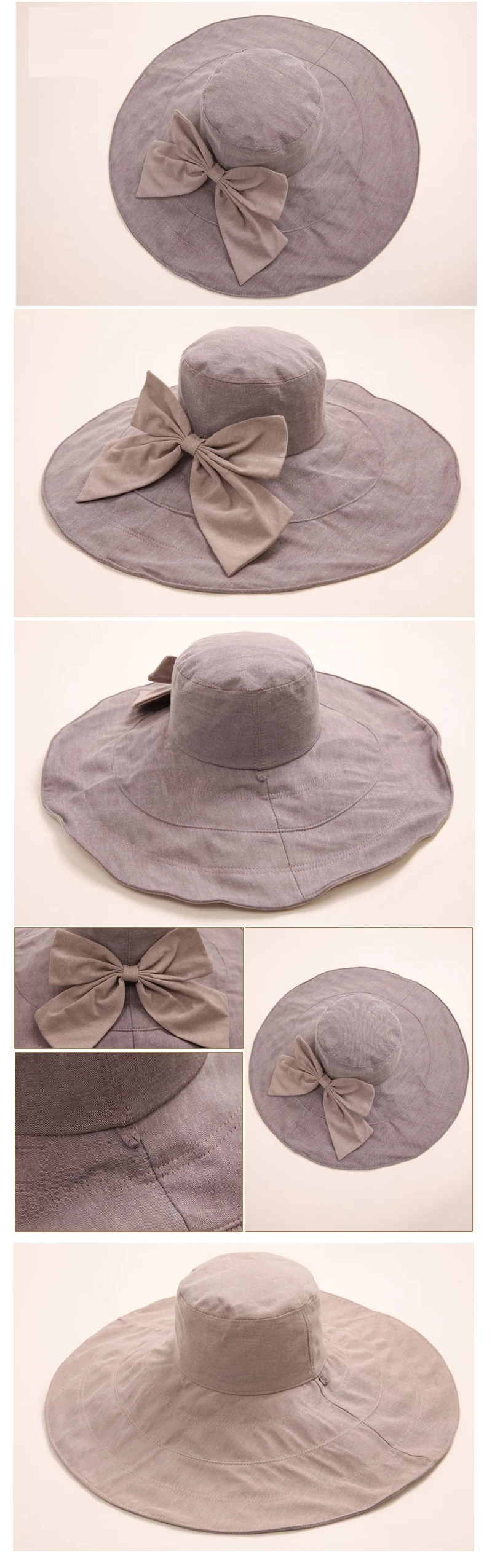 Хлопковая шляпа от солнца с большими широкими полями, с бантом, двухсторонняя Складная пляжная шляпа для женщин, дышащая, анти-УФ, модная женская летняя шляпа