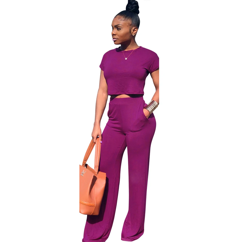 

Echoine Casual Solid Tracksuit Sexy O-Neck Short Sleeve Crop Top With Pants Pocket Women Set Suit Female Slim Outfits Set Women