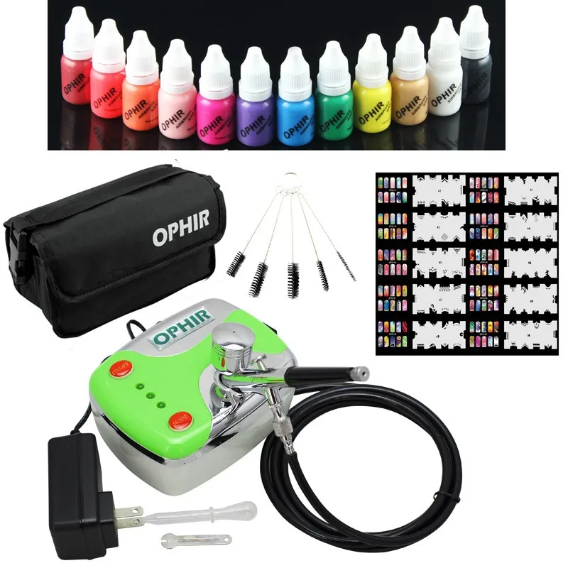 Ophir 0.3mm Prego Kit com Compressor de ar 12 Tintas do Prego do Airbrush 20x Nail Art Stencils & Bolsa & Escova de Limpeza de Unhas Tools_op-na001p 6 arte do prego estênceis & saco &