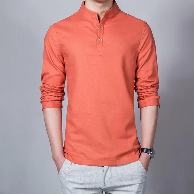 Spring Autumn Mens Pullover Cotton Linen Shirts Long Sleeve Breathable