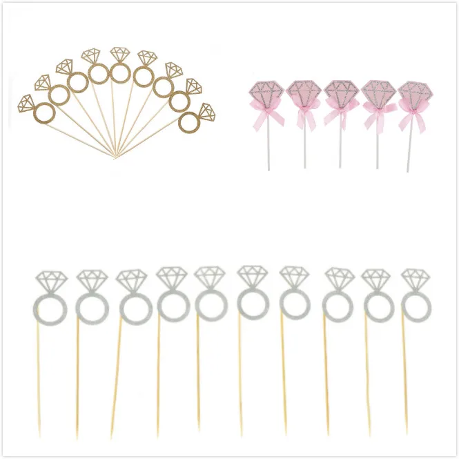 

10Pc/bag Wedding Ceremony Birthday Party supplie Gold Sliver Glitter Diamond Ring Cupcake Toppers Wedding Cake Topper Decor