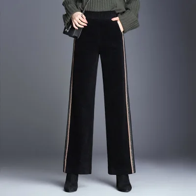 Большие размеры 4XL брюки для женщин широкие брюки OL вельветовые однотонные брюки женские брюки с эластичной резинкой на талии - Цвет: black