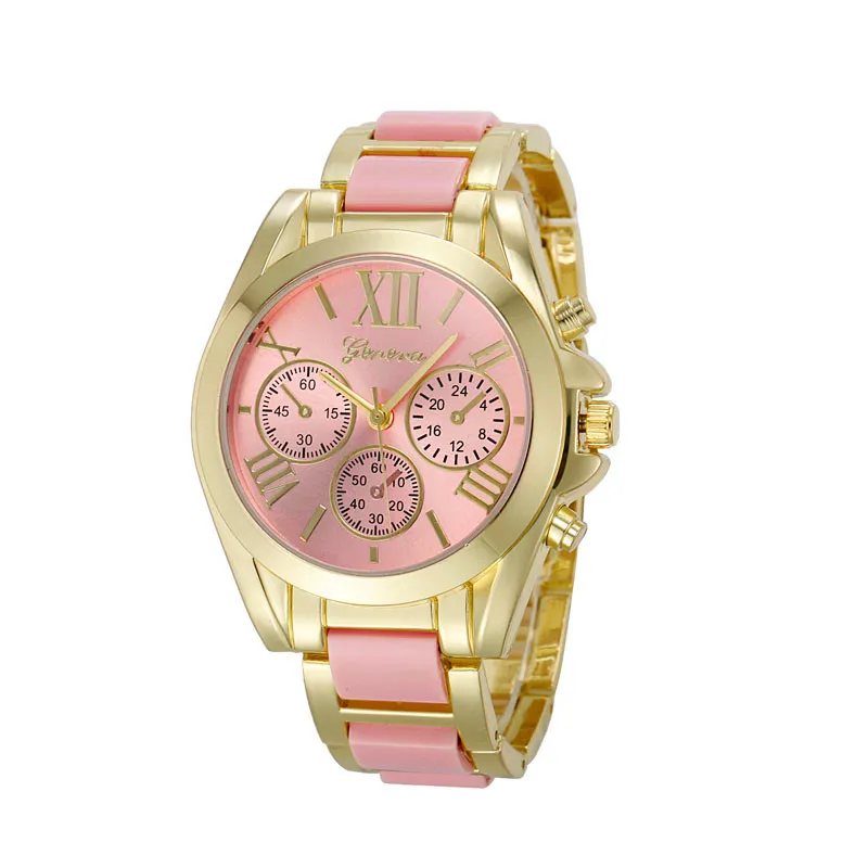Роскошные брендовые золотые часы GENEVA женские модные римские цифры металлические/нейлоновые аналоговые кварцевые модные наручные часы женские часы - Цвет: Hot Pink