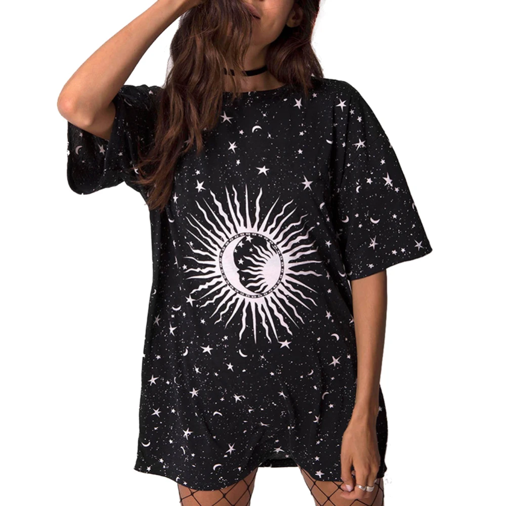 

Women's Fashion Moon Star Printed Casual Short Sleeve T Shirt Tops Ladies Black Loose Long Female T-Shirt New