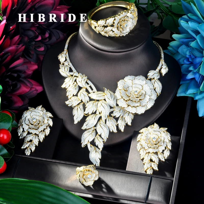 

HIBRIDE New Luxury Flower Necklace Pendant Gold Color Luxury Women Jewelry Set For Bridal Party Accessories Jewelry Gifts N-923