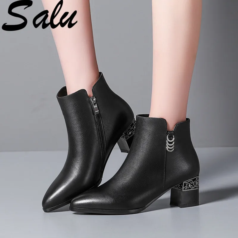 

Salu Genuine Leather Boots Women Chelsea Boots Brand Autumn Winter Warm Ankle Boots Sexy Square Heeled Shoes Woman