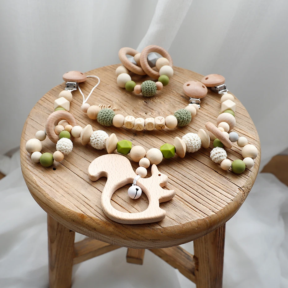 

Personalize Dummy Wooden Teether Pacifier Clip Chain Baby Bracelet Beech Wooden Rodent Squirrel Silicone Bead Baby Play Gym Toys