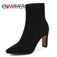 ENMAYER New Women Ankle Boots Pointed toe Square heels lady high heel boots Big size 34-40 Causal Black Silver Shoes women CR920 ENMAYER New Women Ankle Boots Pointed toe Square heels lady high heel boots Big size 34-40 Causal Black Silver Shoes women CR920