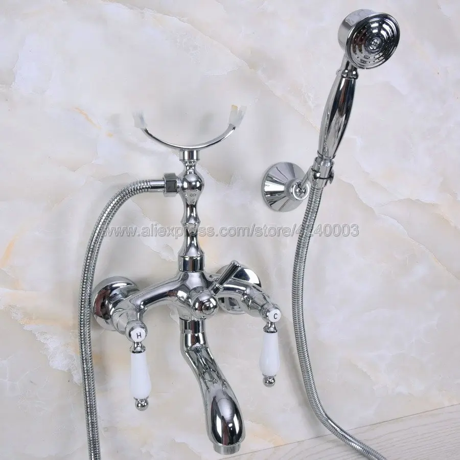 Polished Chrome Bath Shower Faucet Set Dual Knobs Wall Mounted