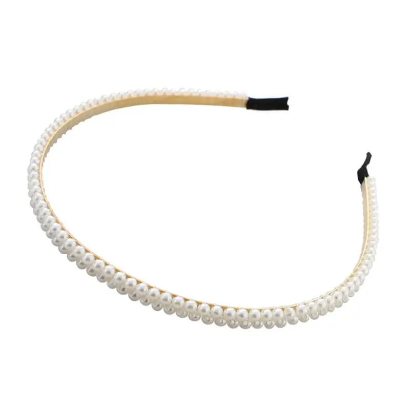 

Minimalist Ladies Girls Two Rows Imitation Pearl Headband Handmade Beading Metal Alloy Hair Hoop Stretch Boutique Headpiece