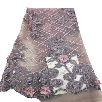 

2018 Nigerian 3d Flowers lace fabric with beads and sequins High quality mesh lace fabric for party dress A362-2