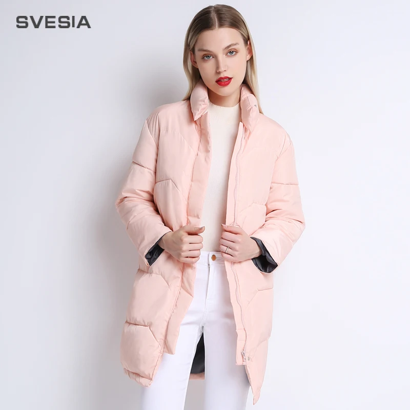 SVESIA Winter Jacket Women Knee Length Pink Coat Camperas Mujer Abrigo Invierno Female Overcoat Parkas For Women