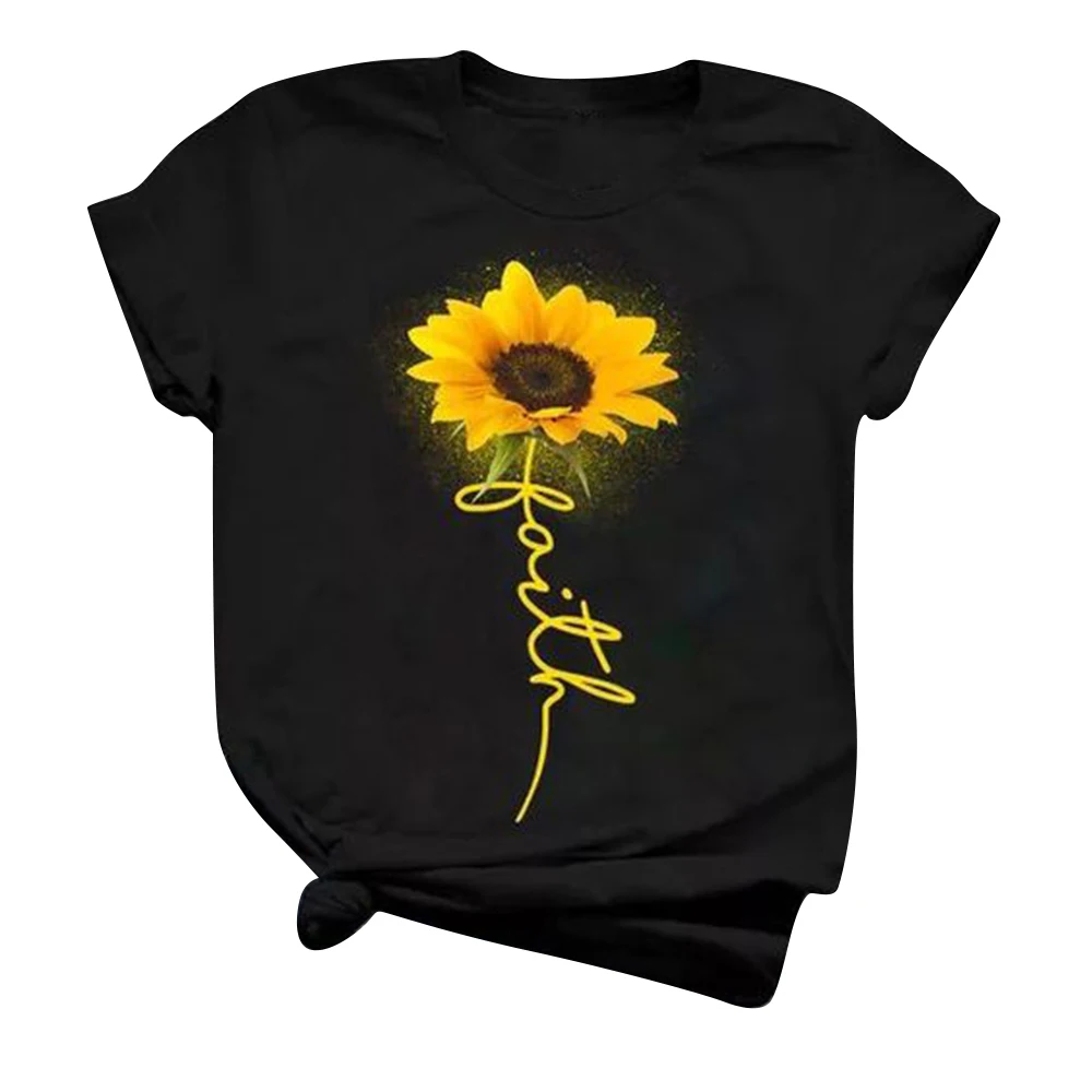 

T Shirt Women Short Sleeve O-Neck Sunflower Print Summer Tshirt Streetwear Casual Black Tee Shirt Women Tops camiseta mujer D30
