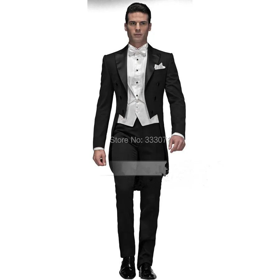 Custom Made High Quality Men Suits Formal Groom Tuxedo 4 pieces Black with white Coat+Pants+Vest