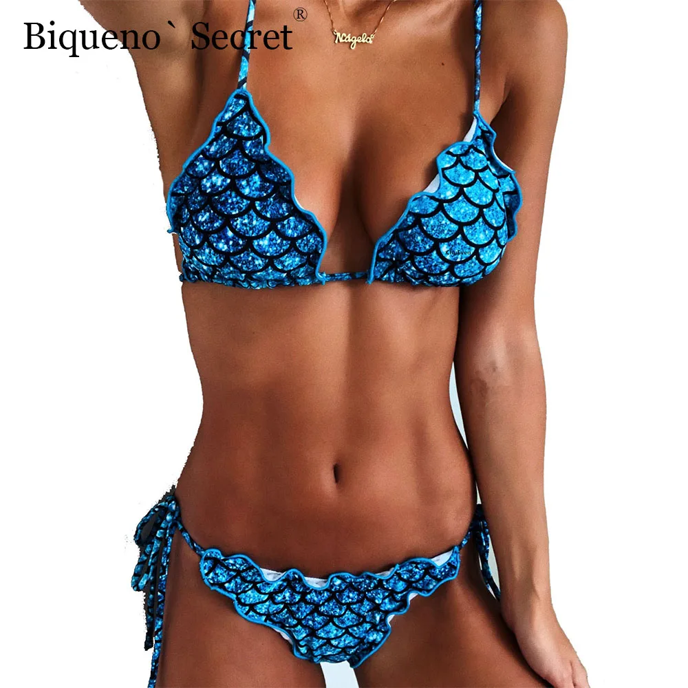 

NEW Fish Scale Printing Bikini Swimsuit Push Up Brazilian Bikinis Swimwear Women Bandage Sexy BLUE Bathing Suit Maillot De Bain