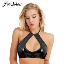 IEFiEL/женский сексуальный укороченный топ, блестящий металлик, искусственная кожа, экзотические танки, без рукавов, с бретелькой на шее, облегающий короткий укороченный топ, клубная одежда