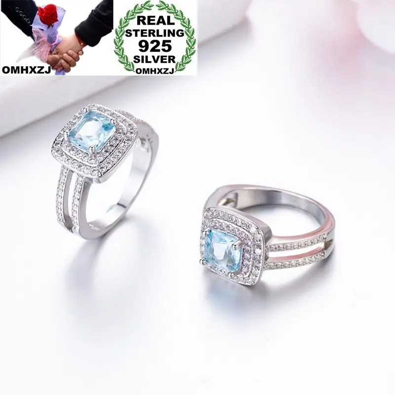 

OMHXZJ Wholesale European Fashion Woman Man Party Wedding Gift White Pink Blue Square AAA Zircon 925 Sterling Silver Ring RR77