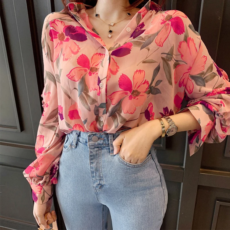 

Vintage V-neck Floral Print Women Chiffon Blouse Chic Ruffles Female Shirts Blouses Long Sleeve Female Tops Shirts 2019