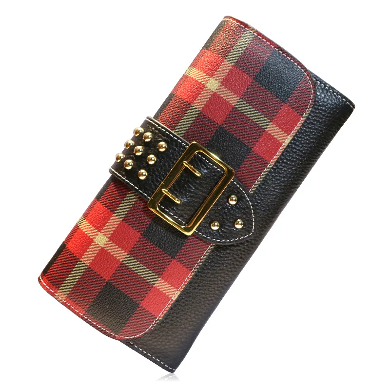 Genuine Leather Wallet Women Money Clips Long Design Rivet Plaid Coin Wallet Long Purse For