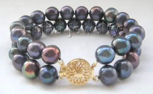 

Wholesale price 16new ^^^^8" 2row 11mm natural black round freshwater pearl bracelet