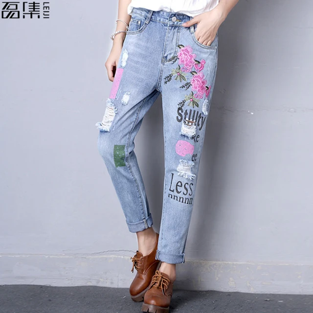 2017 flower embroidered jeans woman plus size loose
