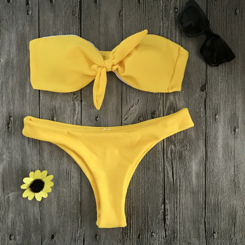 

QIANQBKN Hot Lady's Yellow Bikini Sexi Bow Tie Swimwear Women 2017 Solid Bathing Suit Bandeau Bikini Swimsuit Beach Swim Suit