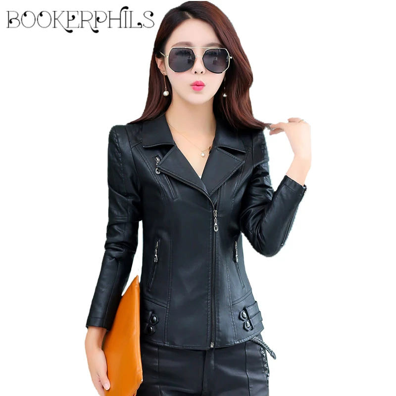 

Women Pu Leather Short Jacket Slim Fashion Outwear 2016 New Plus Size 4XL Turn-down Collar Zipper Long Sleeve Jacket Coat