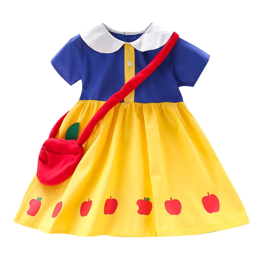 Платье для маленьких девочек с короткими рукавами, с кукольным воротником, с принтом яблока, на пуговицах праздничное платье принцессы+ сумка, одежда для детей, Дисней