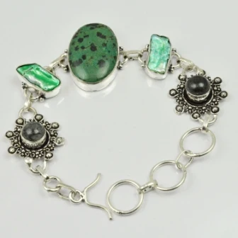 

Green Dalmatian Jaspers & Biwa Pearls Bracelet Silvers Overlay over Copper , 20.5 cm, B2048