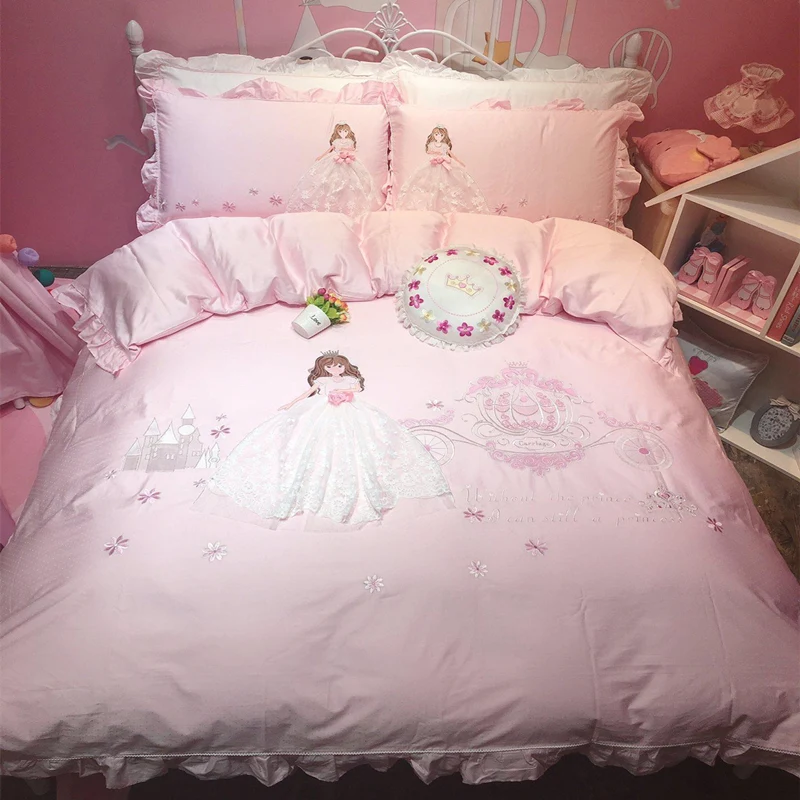 

Pink Cartoon Princess Embrodiery Egyptian cotton Lace Girl Bedding Set Duvet Cover Bed Linen Bed sheet Pillowcase Gift For Child