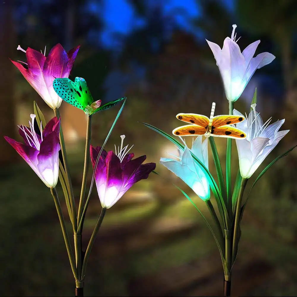 2 шт. Солнечный светодиодный фонарик-Лилия лампа-бабочка ксенон светлый цветной светодиод Фонарь Газон Свет заглушка уличные садовые на солнечных батареях огни